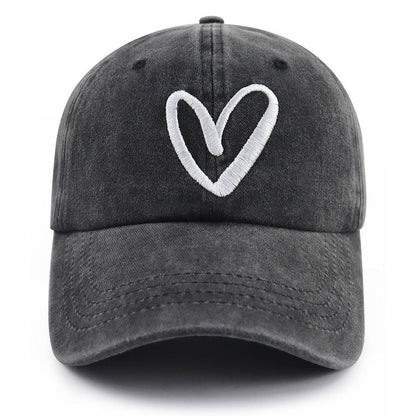 Grey Distressed Hat 🖤 White Heart Embroidery | Unisex Washed Cap