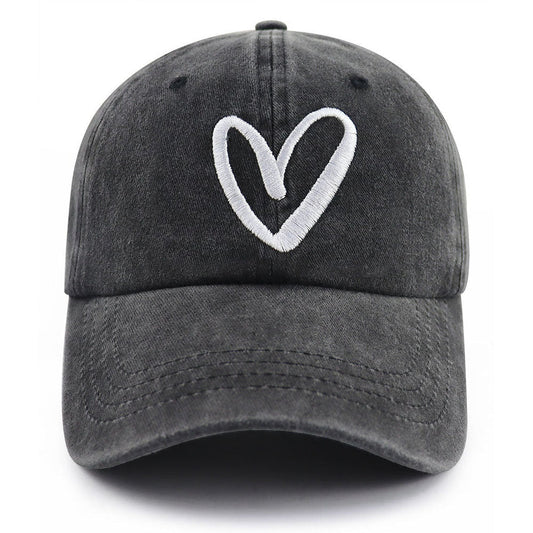 Grey Distressed Hat 🖤 White Heart Embroidery | Unisex Washed Cap